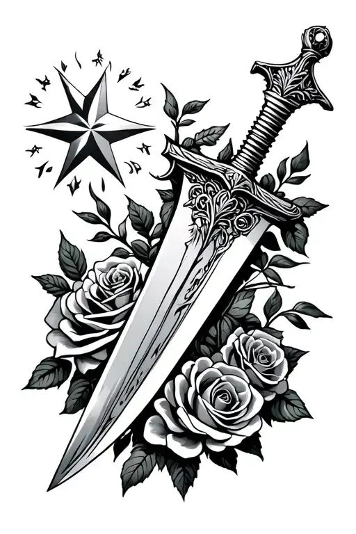 Throwing Dagger Wrapped By Roses Growing With North Star