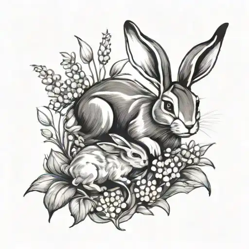 Mother Bunny And Baby Bunny Running In A Field Of Lily Of The Valley Flowers