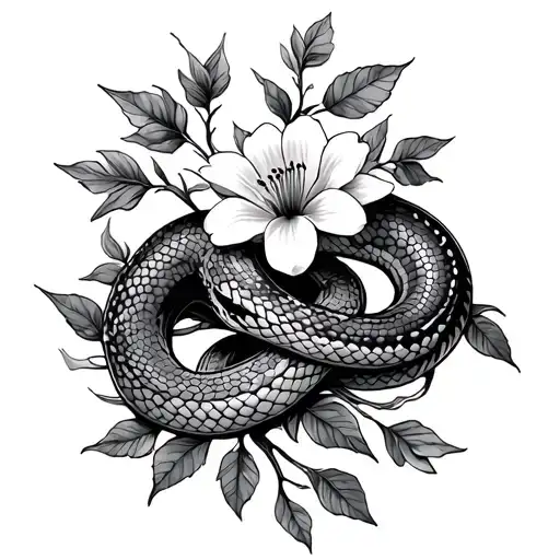 Flower With Vines And Leaves Wrapped With A Snake