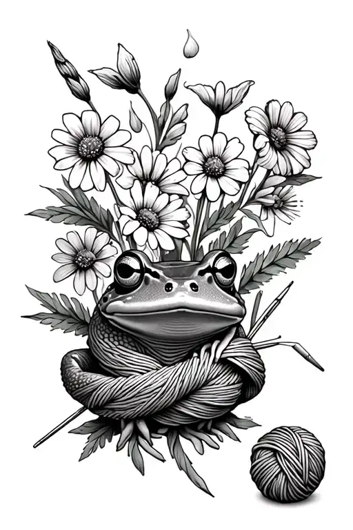 Botanical Wildflowers With A Frog Knitting Needles And Yarn