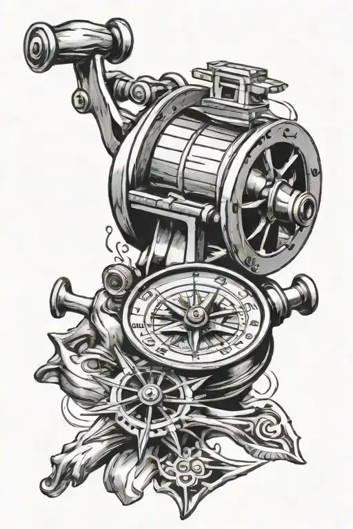 Fishing Reel Compass Tattoo Design
