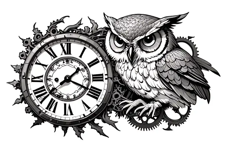 Deteriorating Clock Mechanism Intertwined With Owl