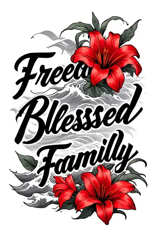 Freedom Blessed Family Written Across With Red Inking Waves And Red Lily's