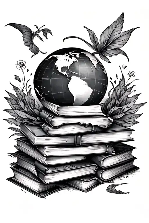 Pile Of Books Surrounded By Travel Tattoo With The World