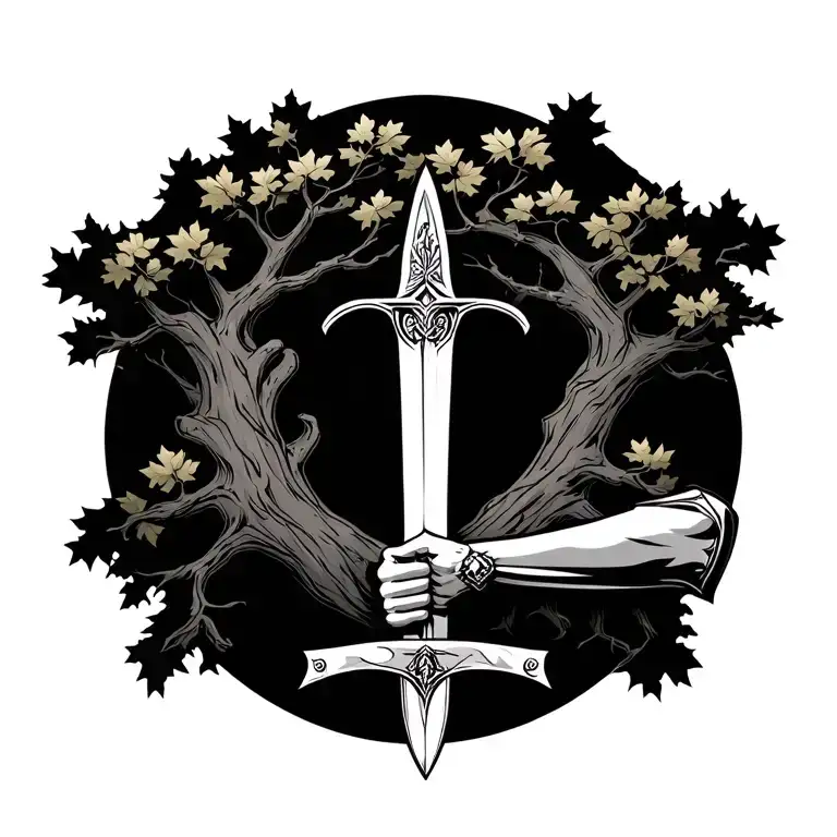 Arm Holding Sword By Oak Tree