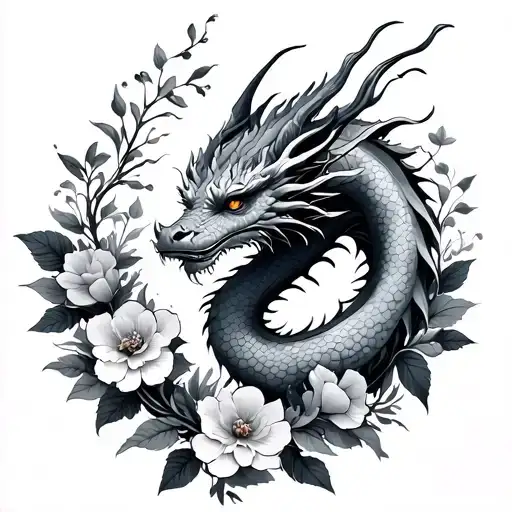 Feminine Dragon Surrounded By Floral