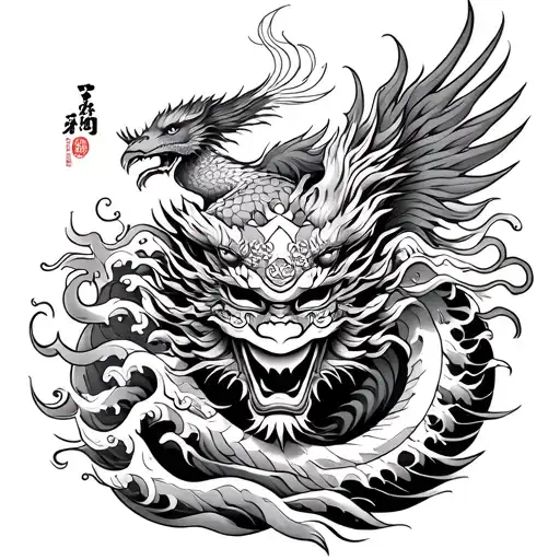 Hanya Mask With Japanese Dragon And Phoenix With Japanese Waves In Background Full Leg