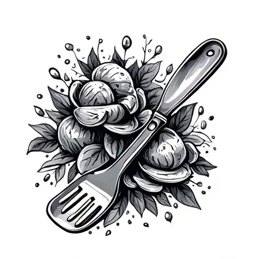 Spatula And Serving Spoon Drawn In Black