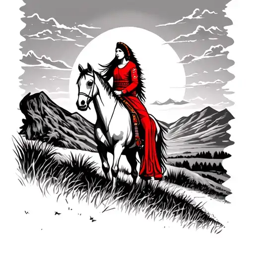 Red Indian Girl Riding Horse On Mountains Sunset Sky