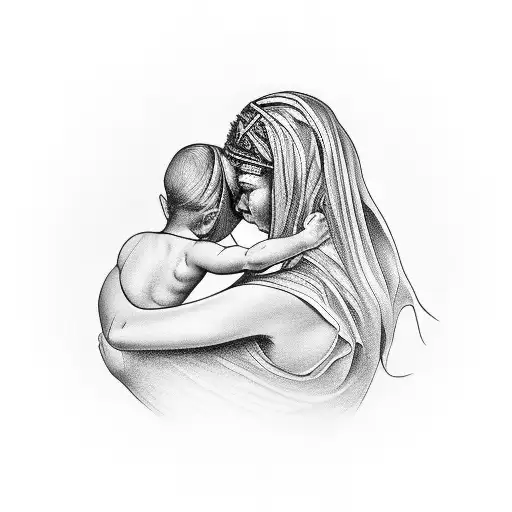 A Tribal-inspired Tattoo Depicting A Mother And Child Embracing