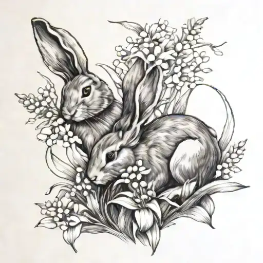 Big Bunny And Little Bunny Running In A Field Of Lily Of The Valley Flowers