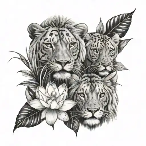 2 Cubs And A Lion Forearm Tattoo Over Water Lily