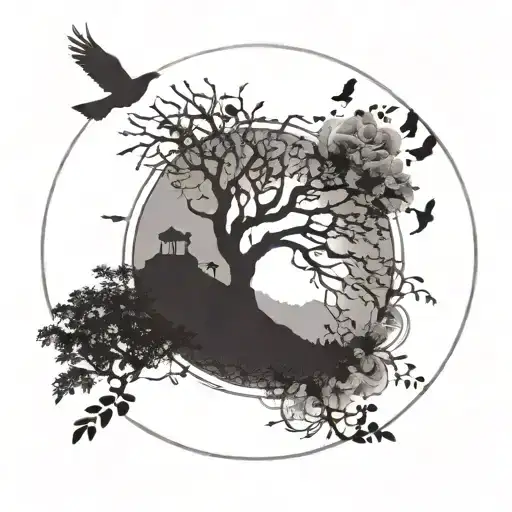 Tree Of Life In A Circle With Mountains In The Background And Birds Flying With Feathers Round