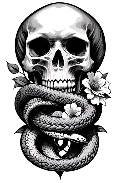Skull With Two Snakes Wrapped And Flowers