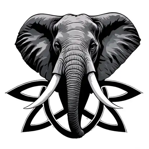 Detailed And Realistic African Elephant Head Long Tusks Full Face With Celtic Trinity Knot Behind