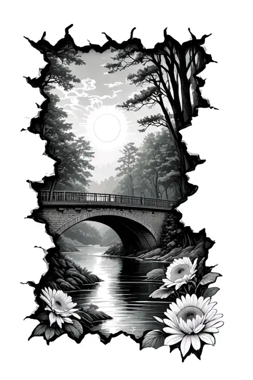 Brick Torn With Bridge Sun River Woods Chrysanthemum Flower