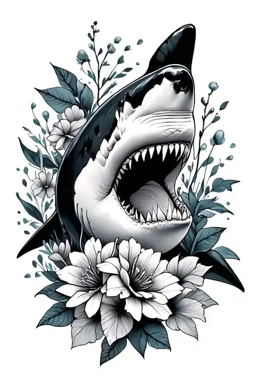 Fine Line Great White Shark With Flowers