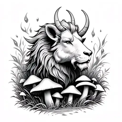 Water Goat Fire Lion In Field Of Mushrooms