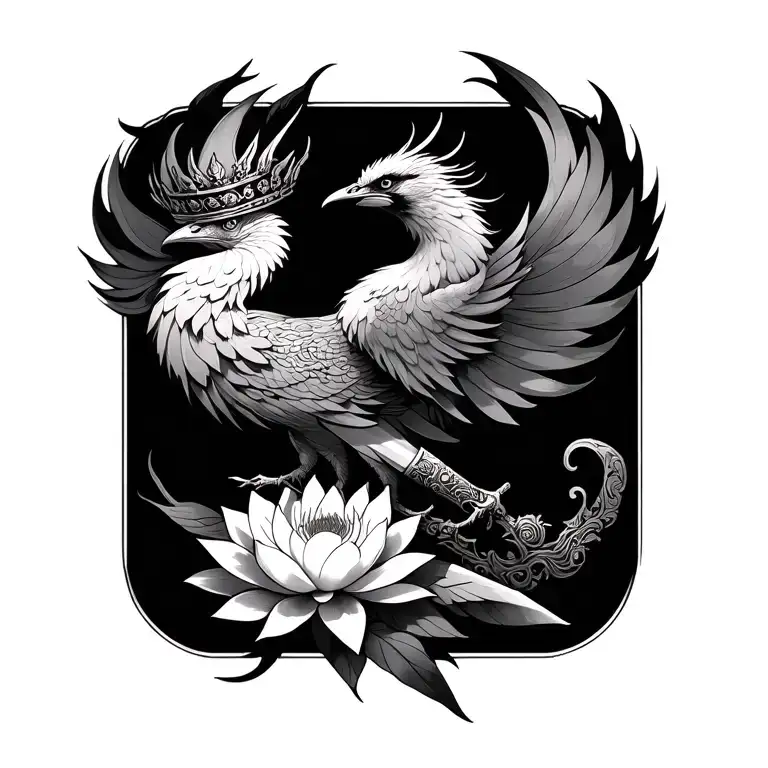 Phoenix With A Crowned Lotus Flower And A Chinese Dagger