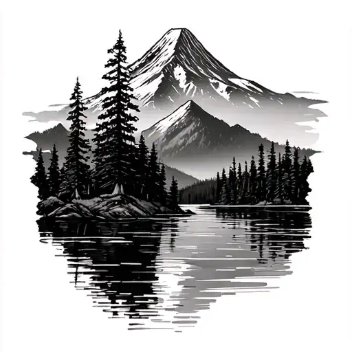 Mount Hood Oregon Trees From Bottom Half And A Lake In The Bottom Middle