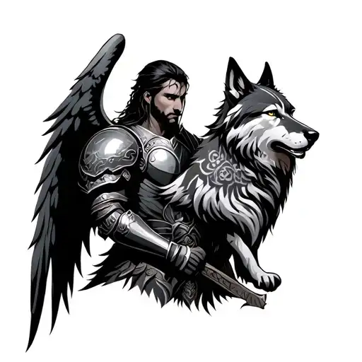 Human Warrior With Angel Armor And Carries A Wolf