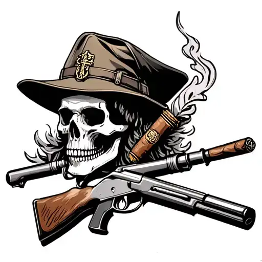 Skull With Calvery Army Scout Hat Above Infantry Cross Rifle Smokig Cigar