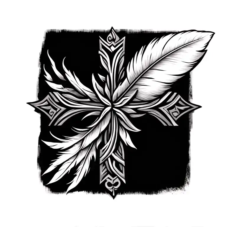 Cross And Maori With Feather Idea Tattoo Design