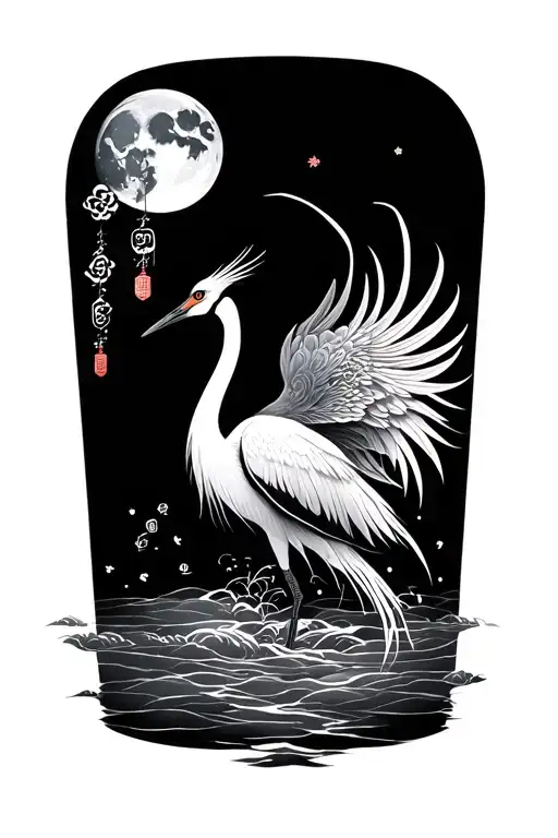 Japanese Crane With Moon And Ornaments