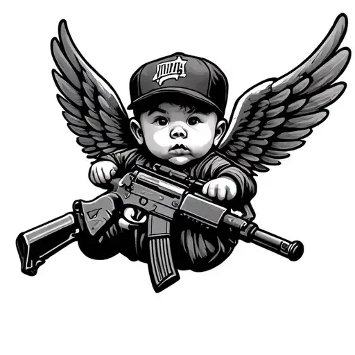 A Gangsta Babyangle With An Ak 47 Rifle Flying With Wings