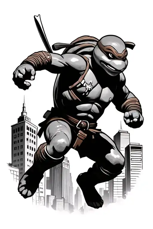 Teenage Mutant Ninja Turtles Jumping In Attack Pose With New York Buildings In Background