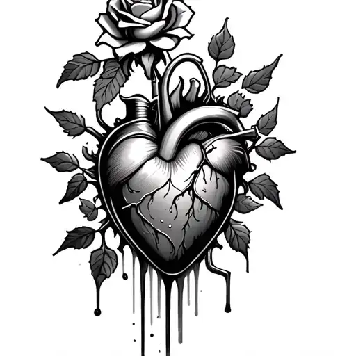 Thorns On The Left With A Rose At The Top Next To A Machine Absorbing The Juice Of A Dying Heart