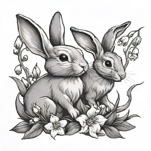 Mother And Daughter Bunnies Running In A Field Of Lily Of The Valley Flowers And Primroses