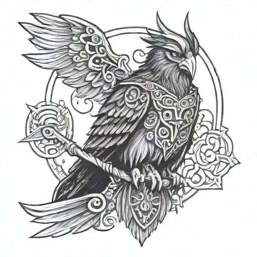 Nordic Odin With A Spear And One Crow On Each Shoulder