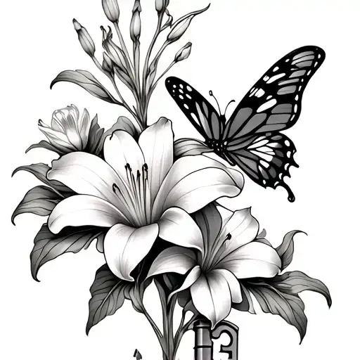 Lily And Rununculus Flowers With Butterfly And Old Intricate Key