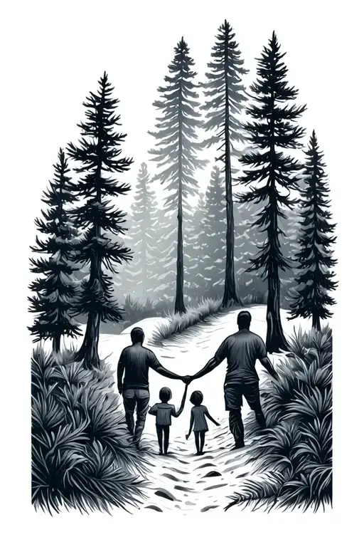 Trail Through Pine Trees Background Family Holding Hands