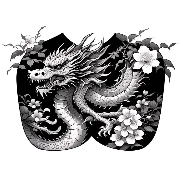 Japanese Chest Piece With Dragon And Pagoda And Cherry Blossoms And Samurai