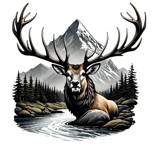 Scottish Stag Forrest Mountain And River