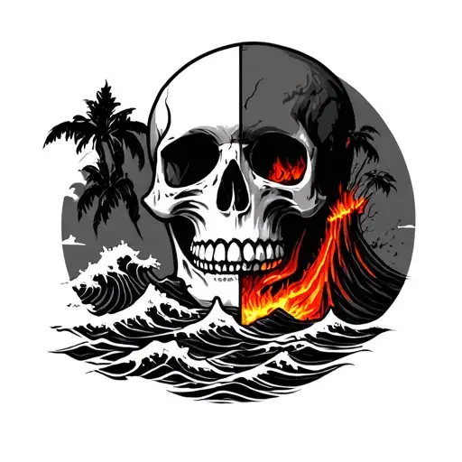 Half Skull Ocean Waves And Half Skull Volcano And Lava Ok Top An Island