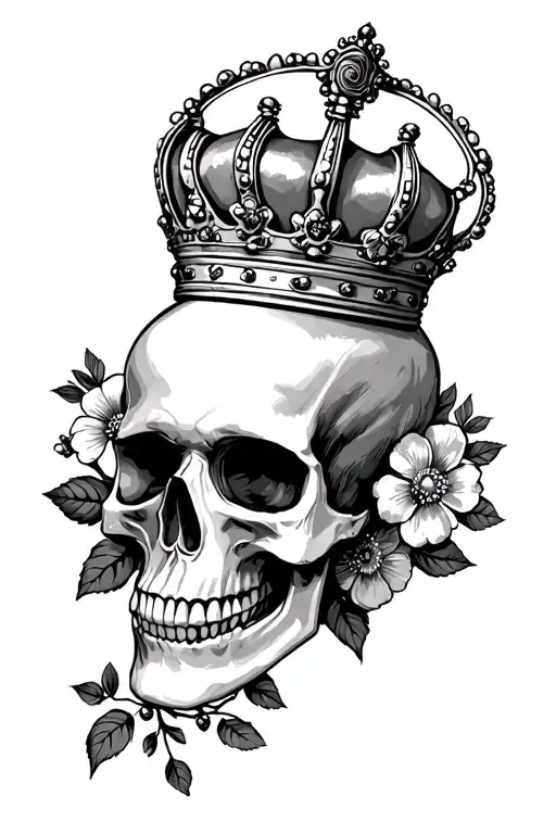 Skull Wearing Crown Surrounded By Bold Flowers