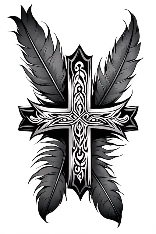 Cross And Maori With Feather Idea Tattoo Design