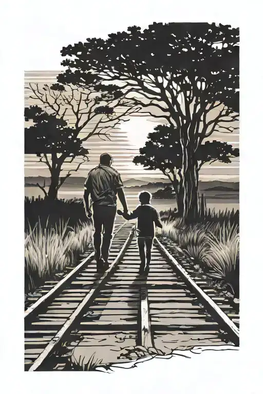 Silhouette Of Father And Son Holding Hands On Railroad Tracks Walking To Sunset