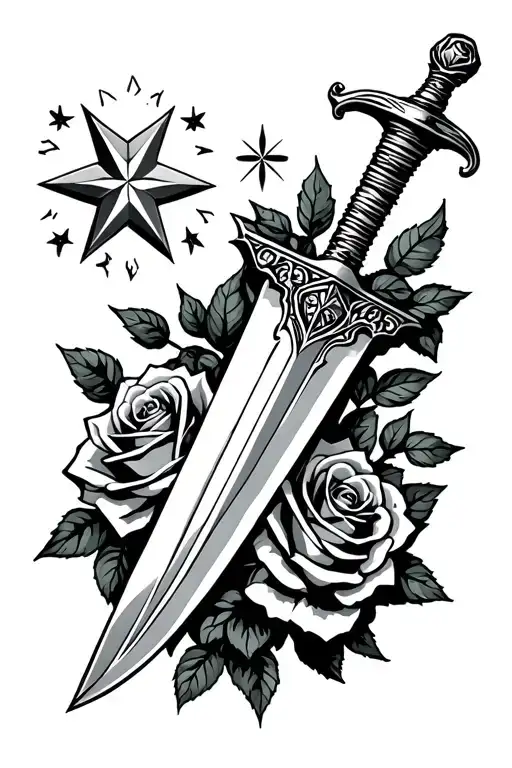 Throwing Dagger Wrapped By Roses Growing With North Star
