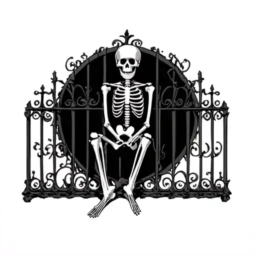 Realistic Skeleton Sitting On A Gothic Cast Iron Fence