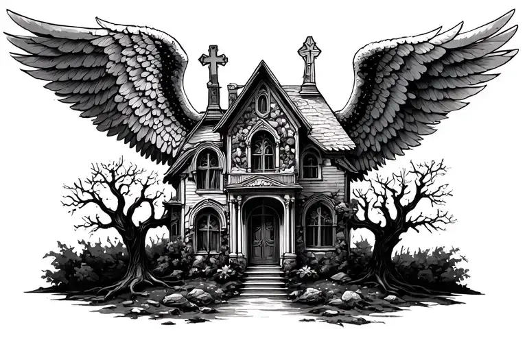 Angel Hounted House Trees Crosses