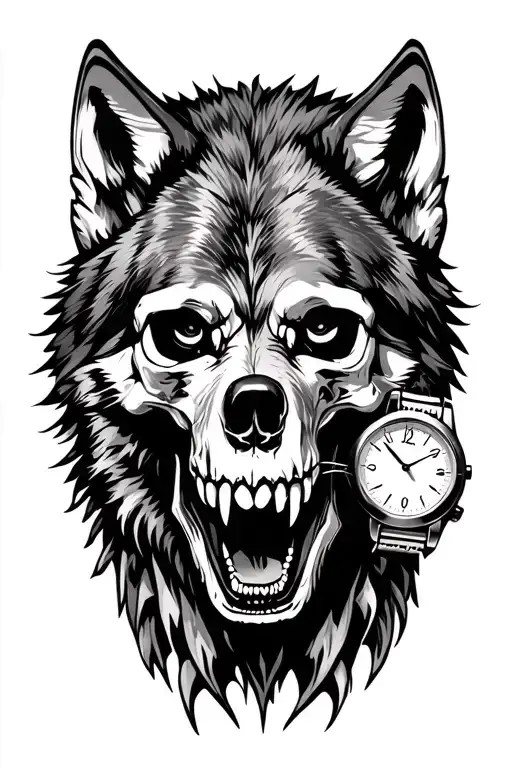Wolf With Skull With Watch In Mouth Open Looking