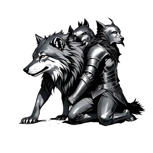 3 Headed Wolf With Knight Kneeling
