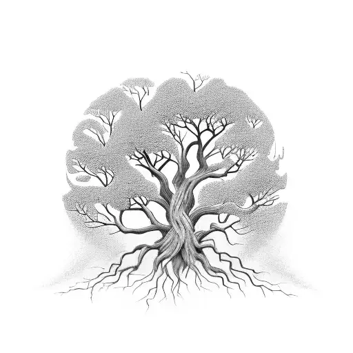 A Black-grey Tattoo Of A Majestic Tree With Roots Forming The Word 'Family'