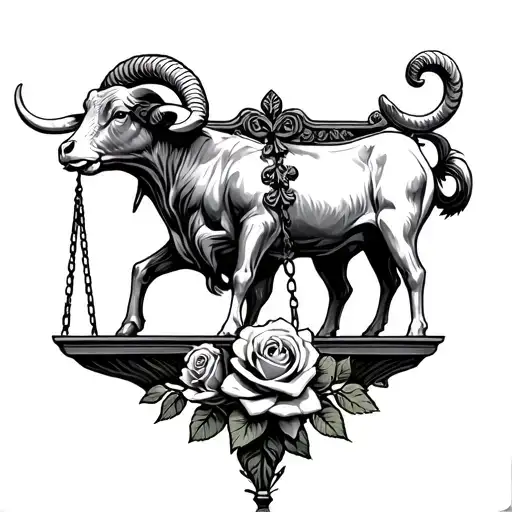 Ancient Balance Scale Holding A Bull On One Side And A Ram On The Other While Roses Sit At The Base
