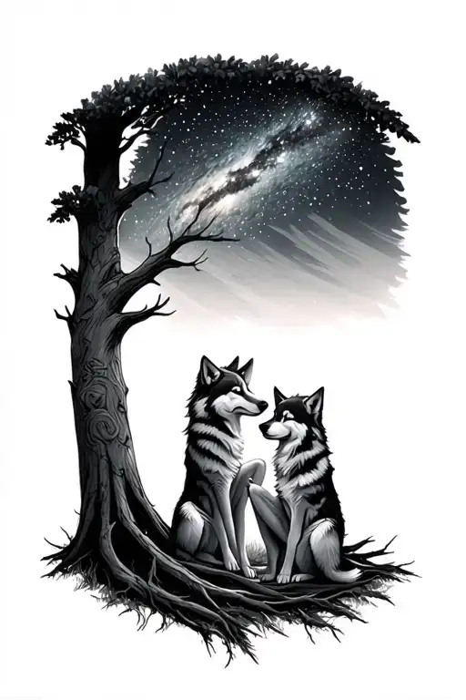 Child With Two Wolves Sitting Before A Tree Looking Into The Stars Above