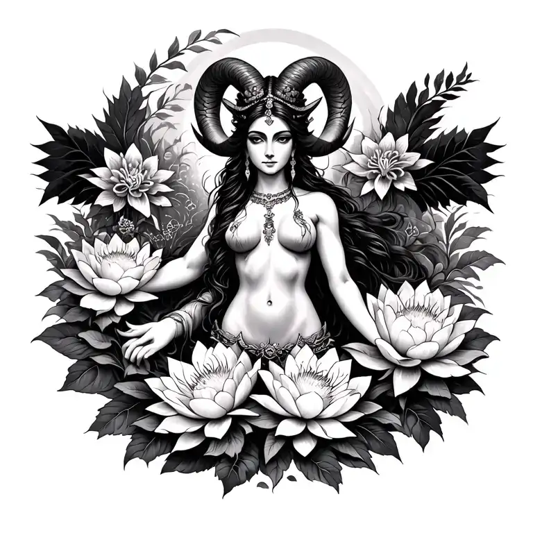 Aries Goddess Surrounded By Lotus And Peony Flower